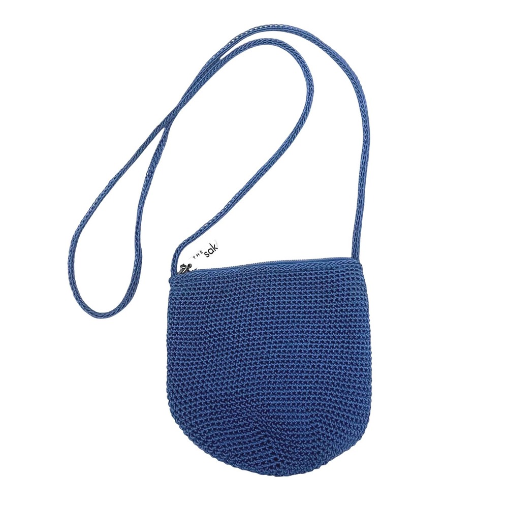 The Sak Teal Blue Crochet Crossbody Bag Festival Small Zip Top Handmade Boho